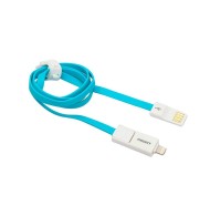 Кабель USB - 2в1 для [iPhone + MicroUSB] Pisen AL04 (плоский, 800 мм.) Синий