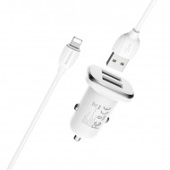 Автомобильное зарядное устройство USB 2 порта (АЗУ) Borofone BZ12 (+ кабель Lightning) (2.4A) Белое