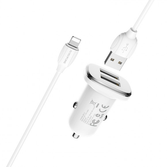 Автомобильное зарядное устройство USB 2 порта (АЗУ) Borofone BZ12 (+ кабель Lightning) (2.4A) Белое